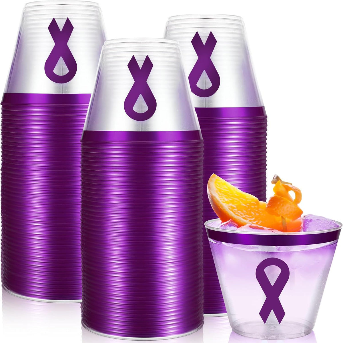 Funnymoom 50 Piezas Vasos con Listones Morados de Concientizacion sobre Epilepsia | Vasos Plasticos Desechables de 9 oz | para Mes del Liston Morado y Recaudacion Benefica