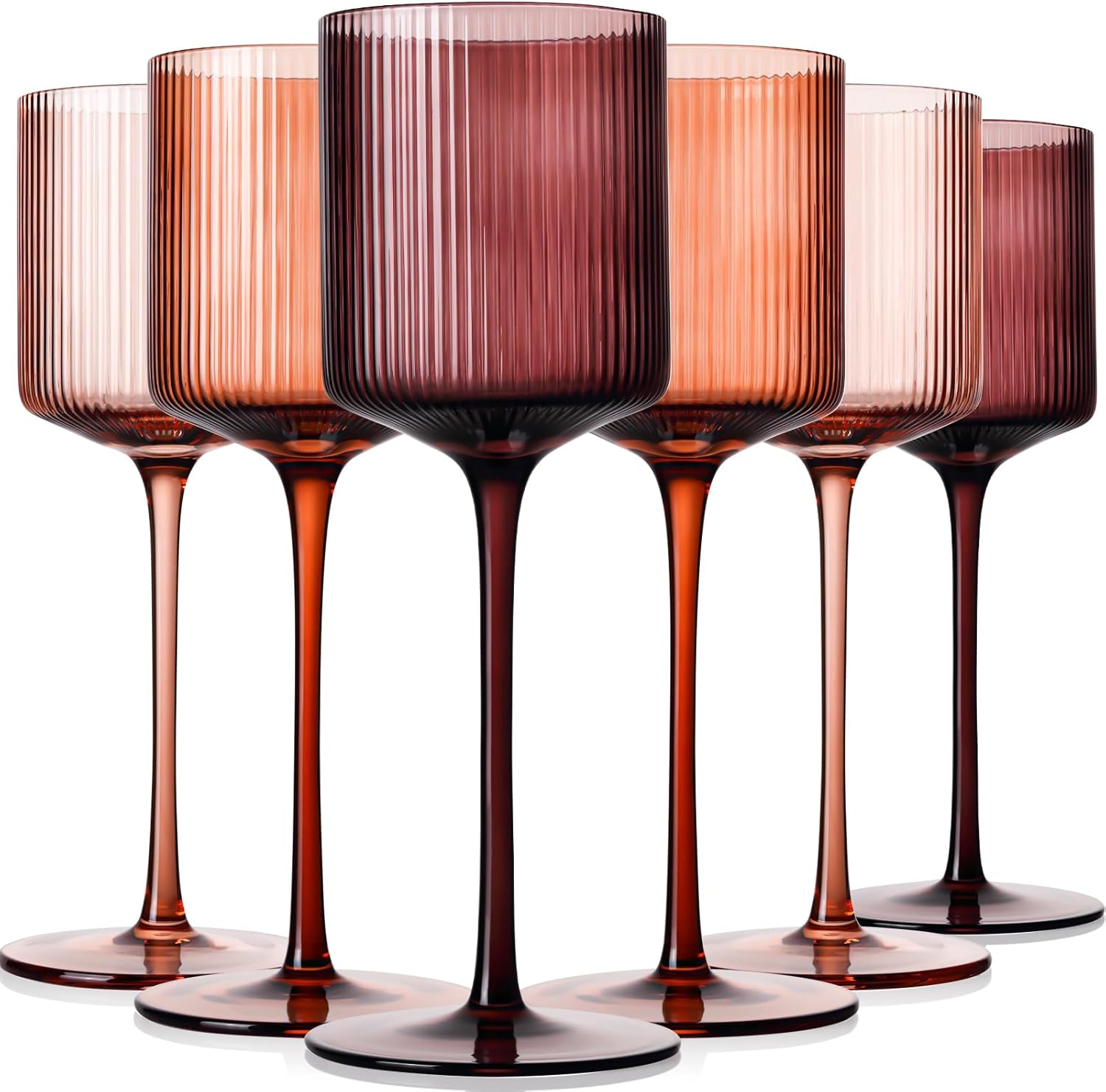 Juego de 6 copas de vino cuadradas de color melanina, elegante diseño acanalado, cristal ámbar con tallo largo, 325 ml, copas de vino tinto y blanco sopladas a mano para decoración de bar, fiestas y cenas con vino. Multicolor. 