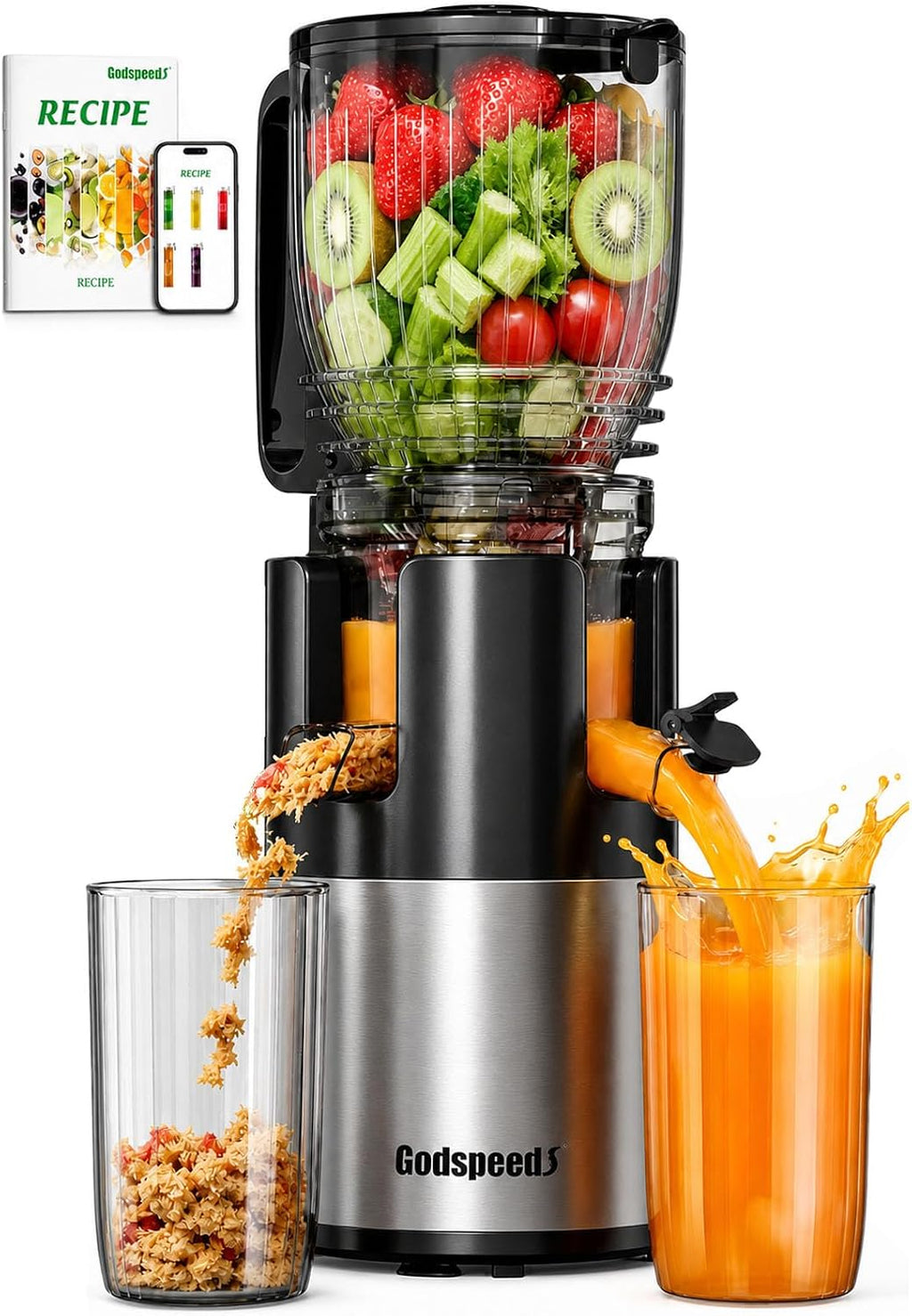Licuadoras Godspeeds con boca de alimentación grande de 5.8", extractor de jugo de prensado en frío de masticación lenta para frutas y verduras enteras, diseño fácil de limpiar, extractor de jugo doméstico de alto rendimiento para el bienestar diario.