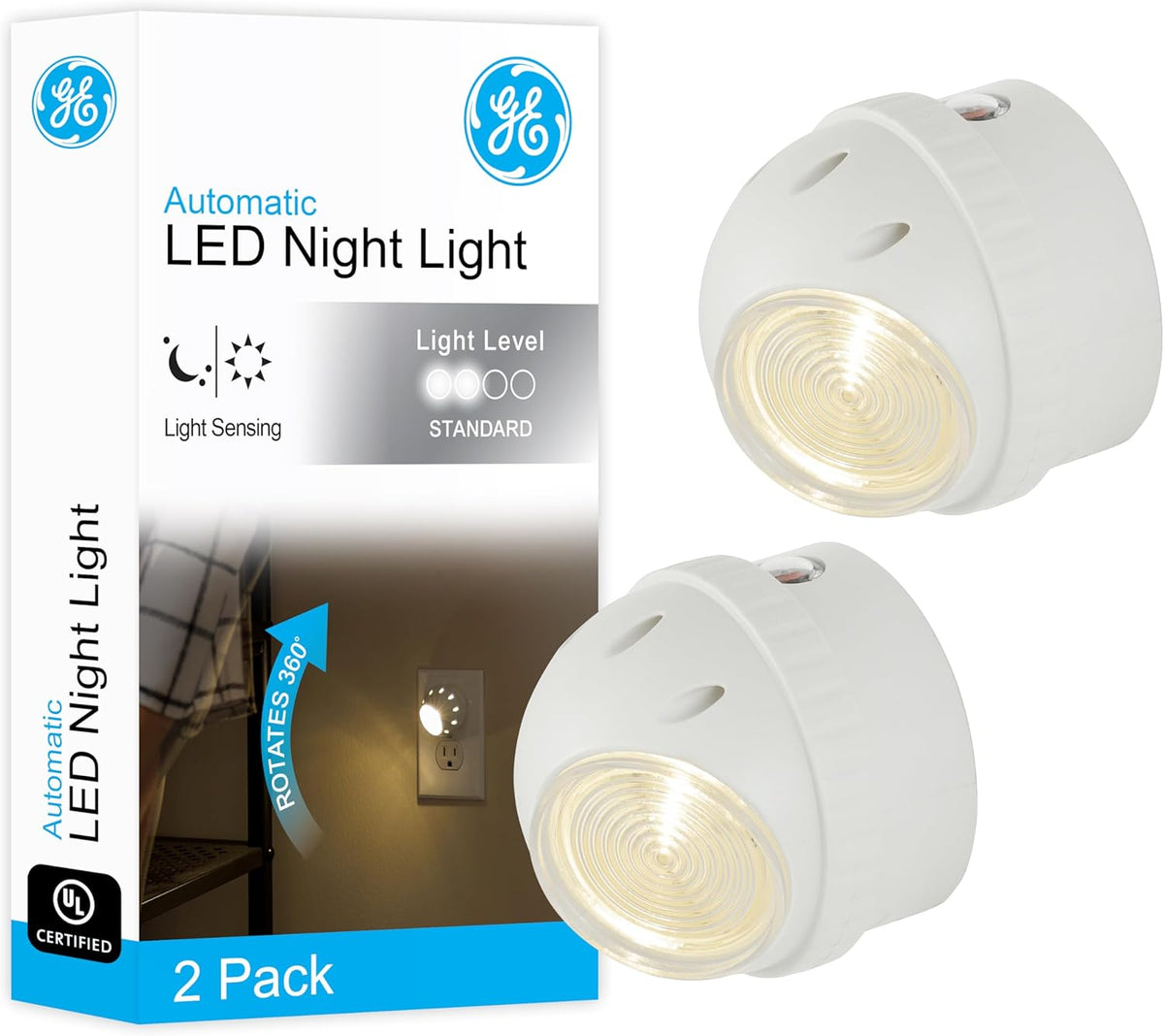 GE Luz Nocturna LED Giratoria con Sensor Crepuscular – 2 Unidades