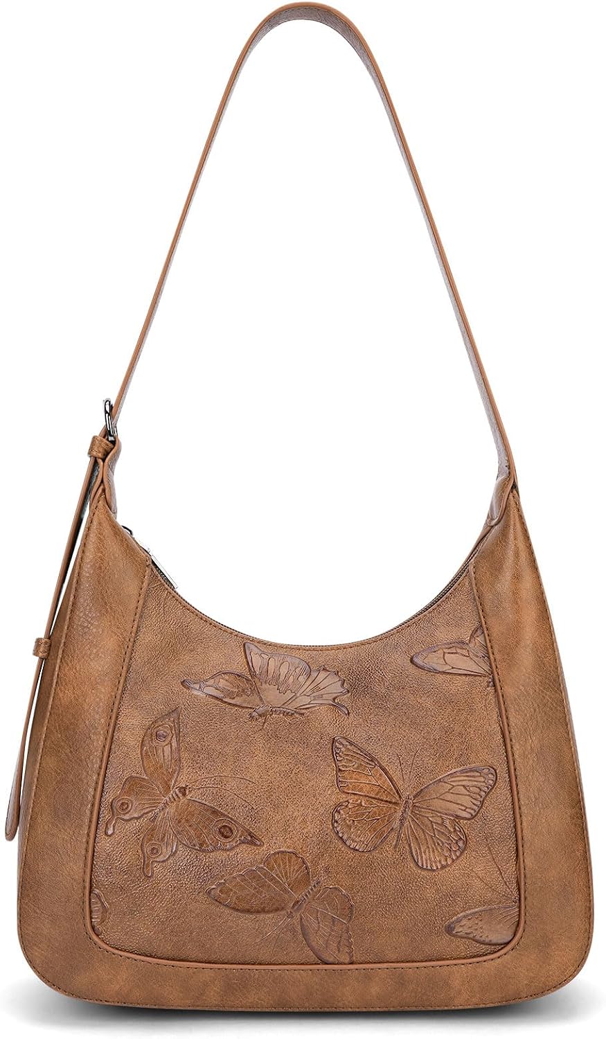 Bolso de hombro pequeño BELTANA para mujer, bolso hobo de piel vegana con estampado de mariposas y asa superior, bolso de mano moderno para uso diario (marrón)