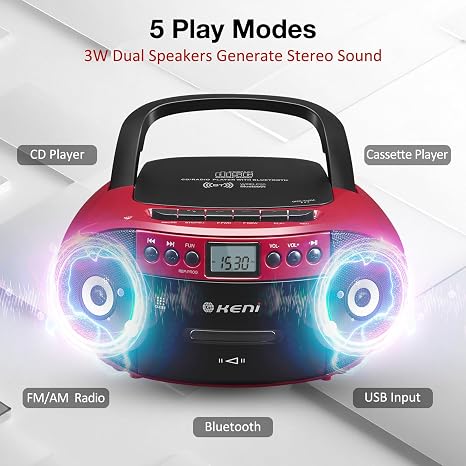 Boombox Portátil G Keni — Reproductor CD y Casete con Radio AM/FM, Bluetooth 5.1, USB y Control Remoto (Rojo)