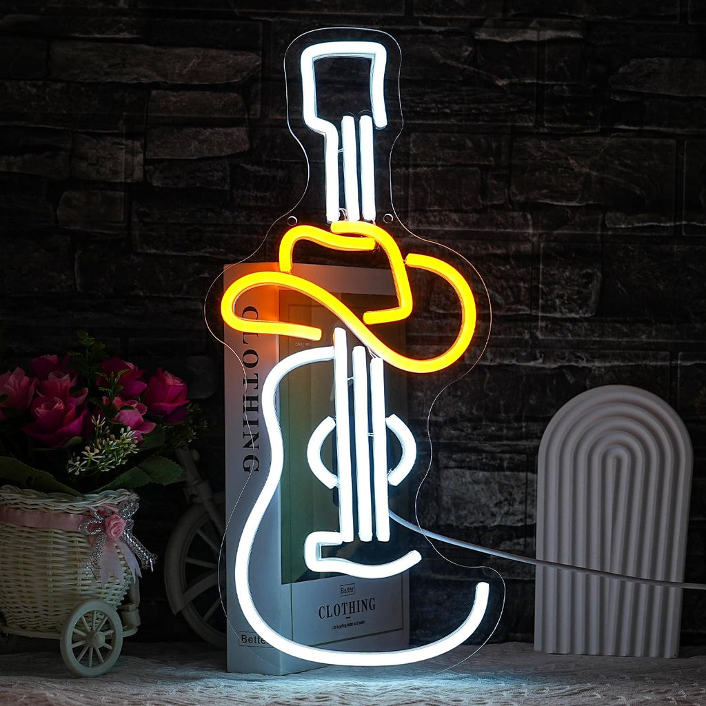 LULANMP Guitar Neon Signs for Wall Decor Cowboy Hat Neon Lights Music LED Neon Signs White Neon Light Sign for Studio KTV Band Bar Art Man Cave Bedroom Shop Wall Decoration(16.9"*7.4")