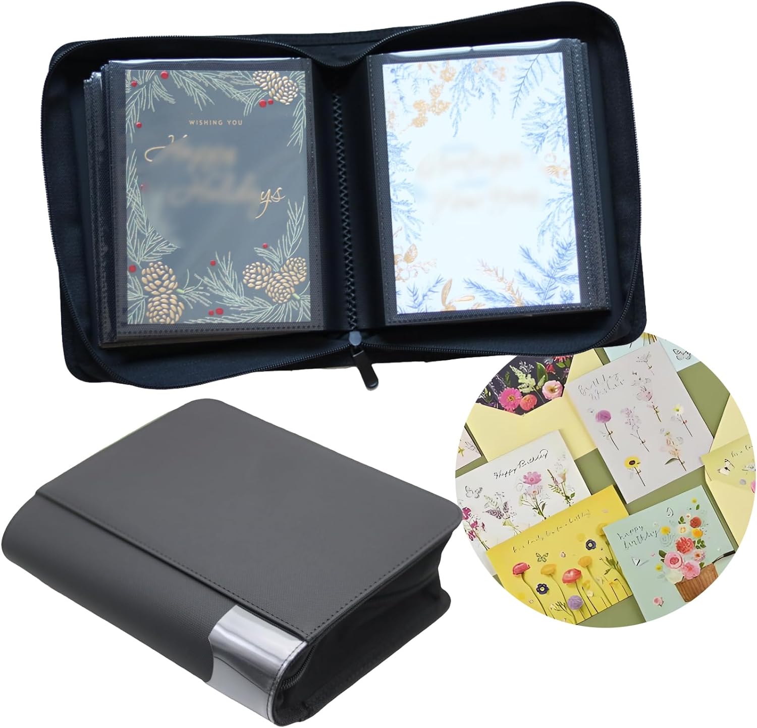 Magiarcana Greeting Card Binder, Greeting Card Organizer Compatible Storage and Display; 5x7 inch Birthday, Wedding,Christmas Card,Index Cards,Postcards Invitation (Black)