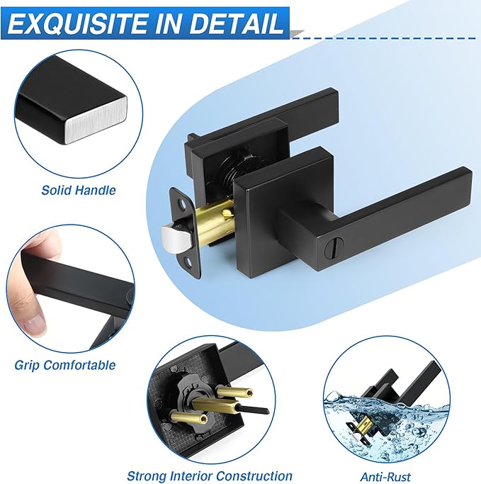 Plustool Paquete de 6 manijas de puerta negras mate para interiores, pomos de puerta interiores sin llave, cerraduras de puerta de privacidad para dormitorio, baño, cerraduras de palanca