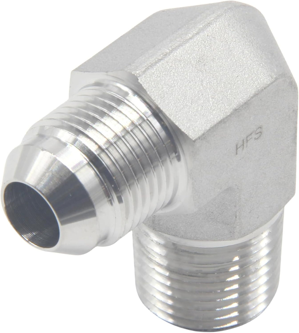HFS(R) Codo macho NPT de 1/2" a macho JIC de 1/2" con abocardado de 90° para tubería, acero inoxidable 304 (1/2" MNPT x 1/2" MJIC)