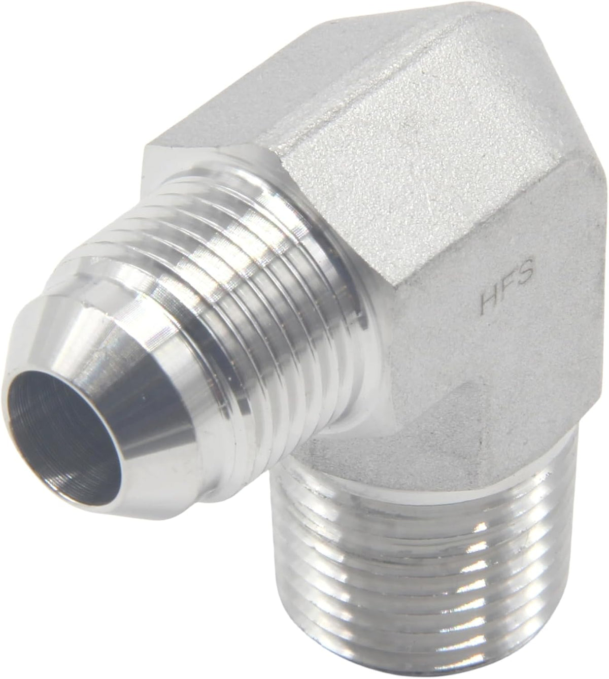 HFS(R) Codo macho NPT de 1/2" a macho JIC de 1/2" con abocardado de 90° para tubería, acero inoxidable 304 (1/2" MNPT x 1/2" MJIC)