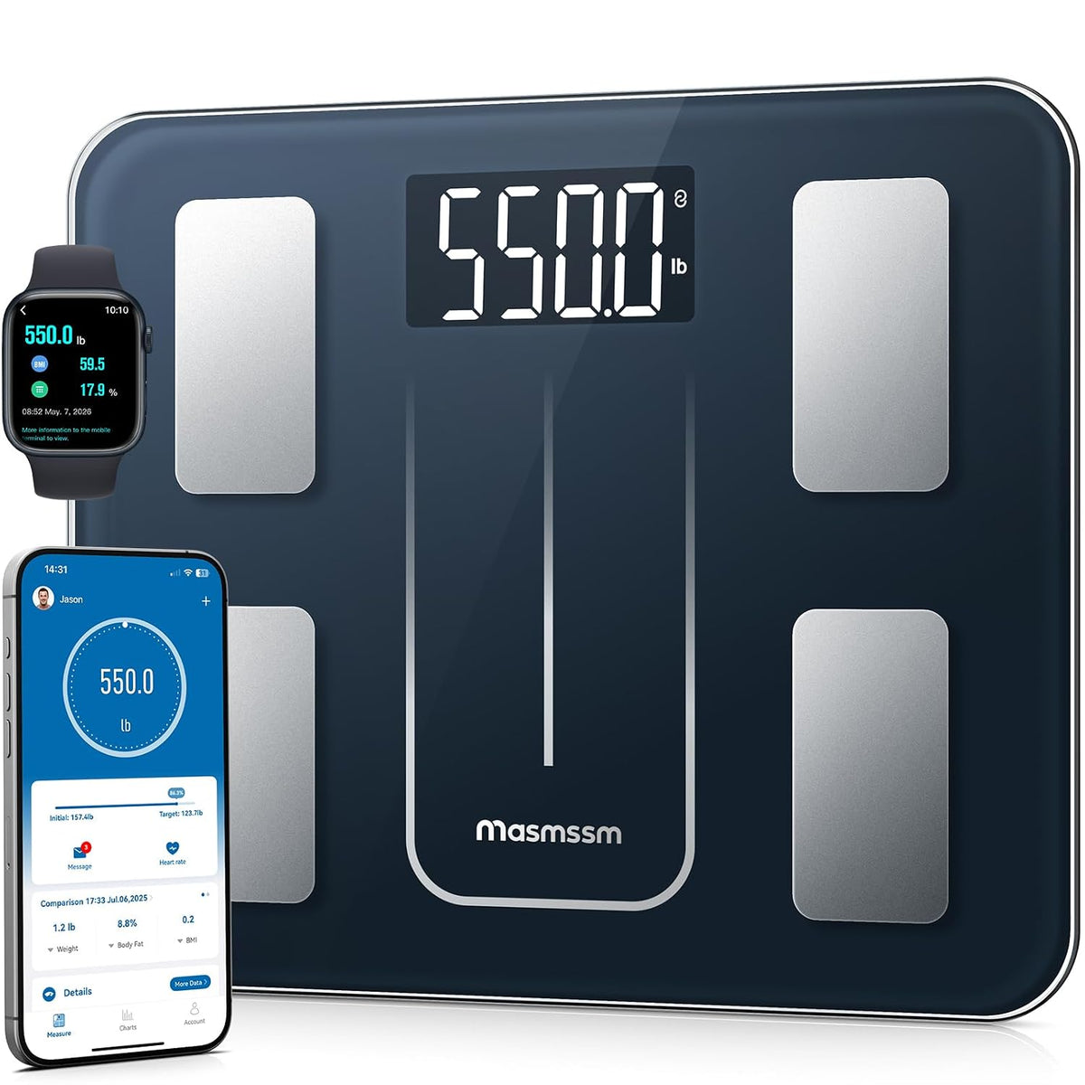 Báscula Inteligente de Composición Corporal 250 kg – Pantalla LED, 20 Métricas y Sincronización de App