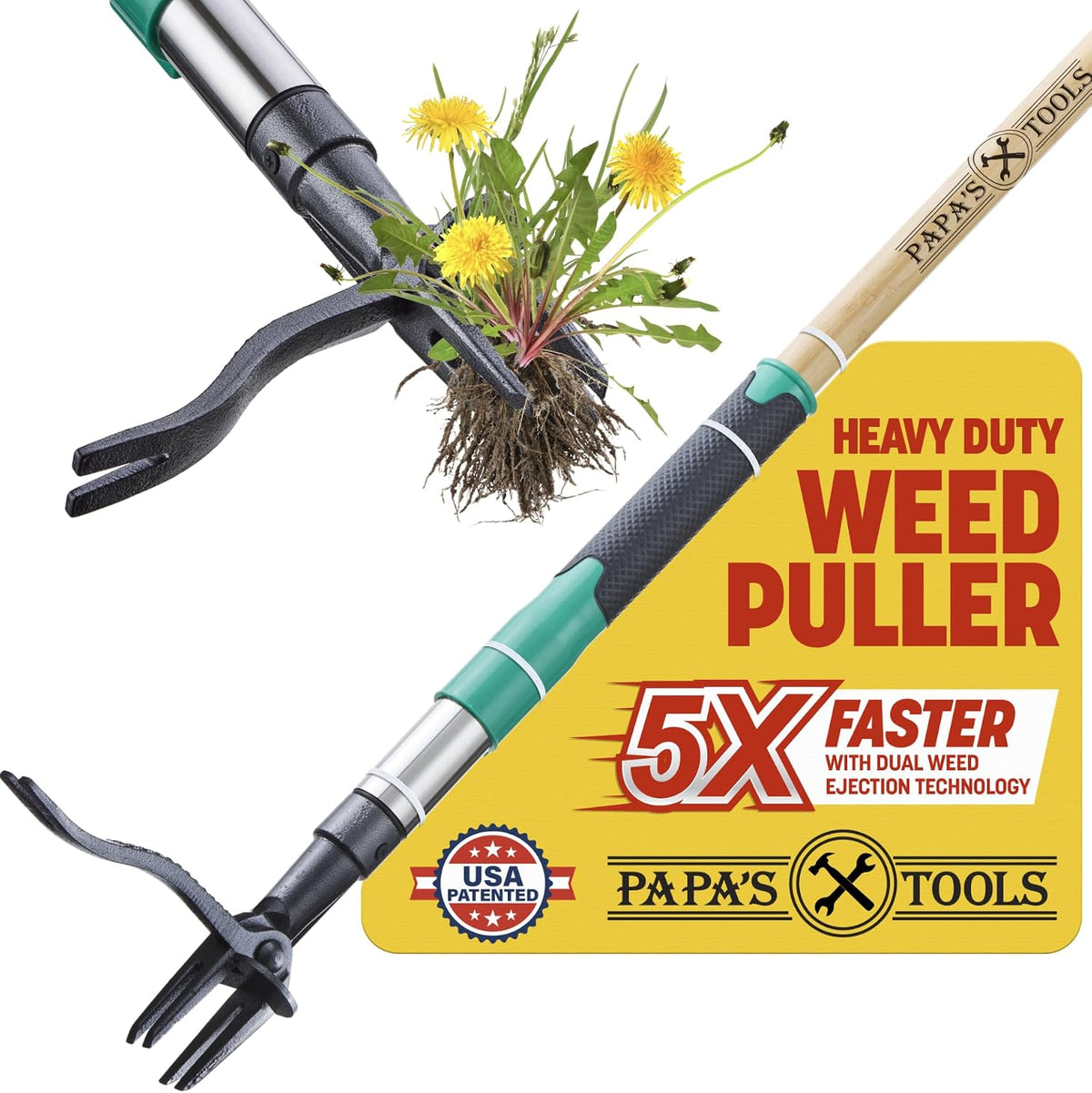 Herramienta extractora de maleza Papa's Tools, 112 cm (44"), de pie, con cabezal de acero de 4 garras y tecnología de doble expulsión de maleza. Fabricada con bambú auténtico y mango largo de madera. Eliminador de maleza para jardineros y jardineros.