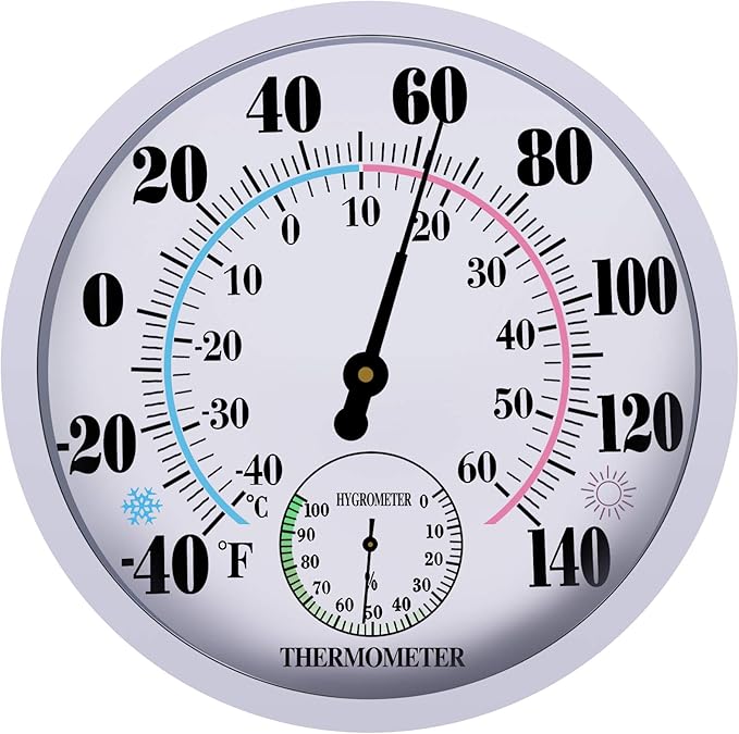 Termómetro higrómetro para interiores y exteriores, termómetro de pared colgante impermeable, termómetro decorativo para exteriores, grandes números, no necesita batería, termómetros al aire libre