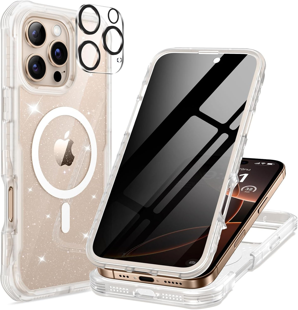 Funda Seacosmo iPhone 16 Pro Max Protección Completa Pantalla Privada Protector Lente Cámara Anti Decoloración Compatible MagSafe Glitter Transparente 6.9 Pulgadas