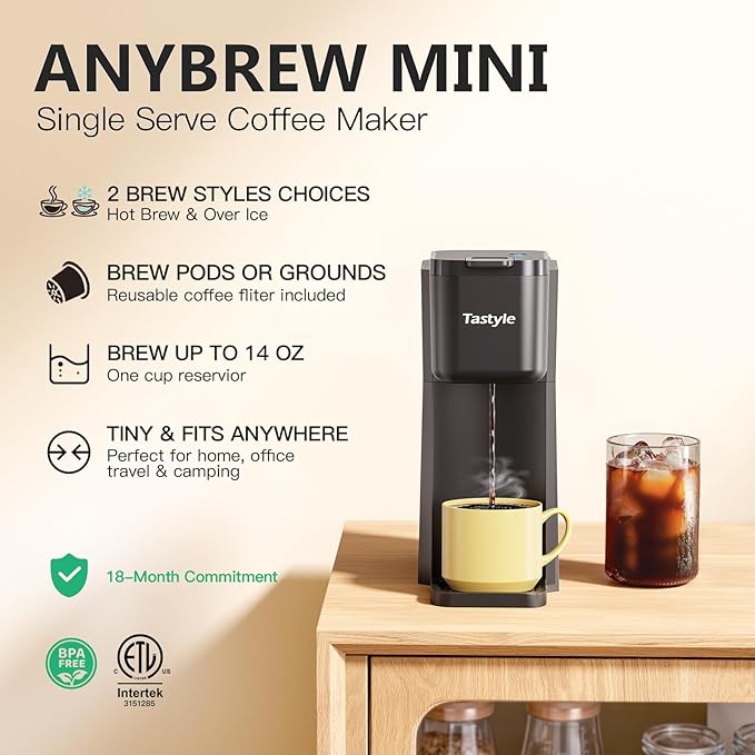 Tastyle Mini Cafetera Individual Café Caliente y Frío – Compatible K-Cup y Café Molido, 6-14 Oz, Negro Clásico (V2.0)