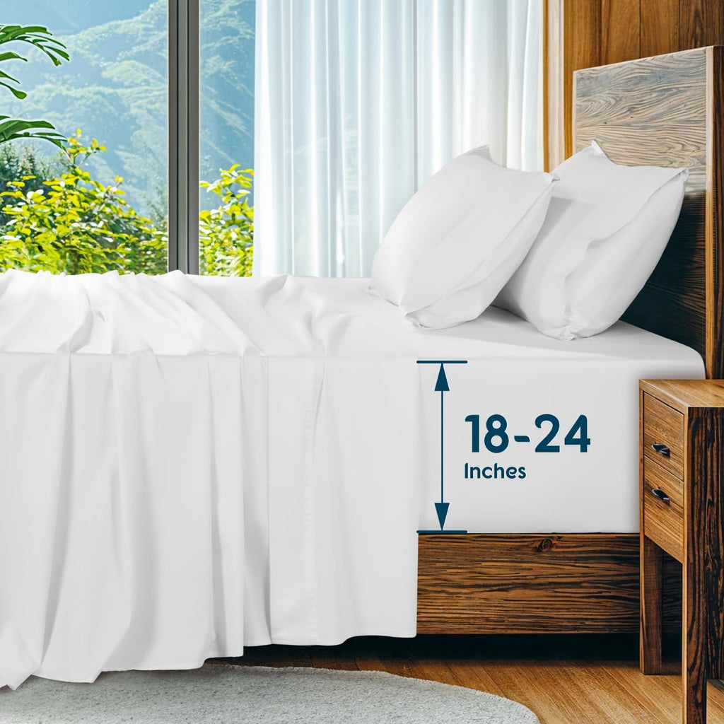 Juego de sábanas SONORO KATE 100% algodón egipcio, bolsillo extra profundo de hasta 45-60 cm, 1000 hilos, sábanas de satén suaves y transpirables de hotel de 5 estrellas - 4 piezas (blanco, queen)