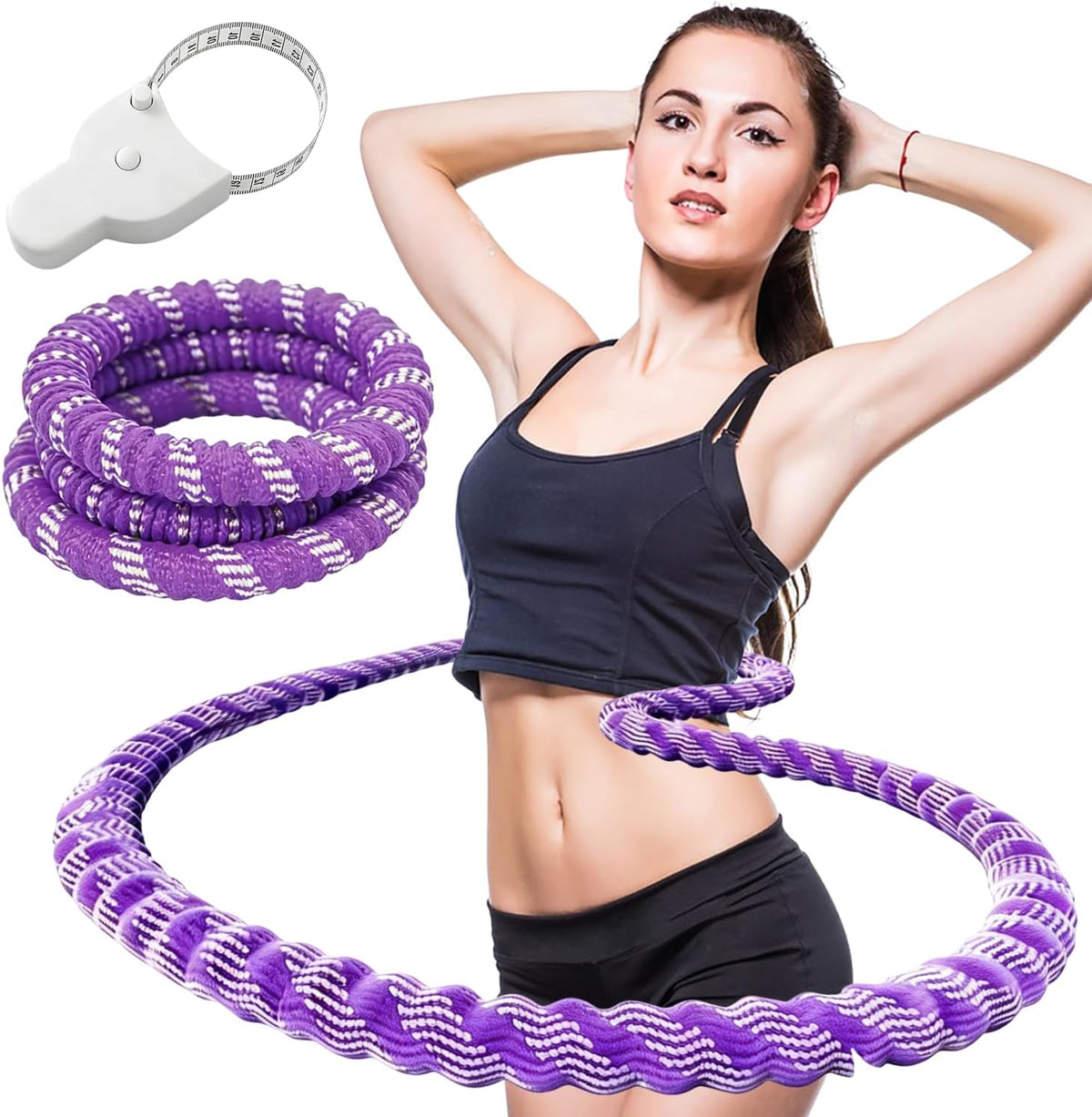 Aro de hula hoop silencioso y suave con peso para adultos, aro de ejercicio con peso de 1,5 kg (3,3 lbs) con cinta métrica corporal, aro infinito de poliéster hipoalergénico para ejercicios abdominales.