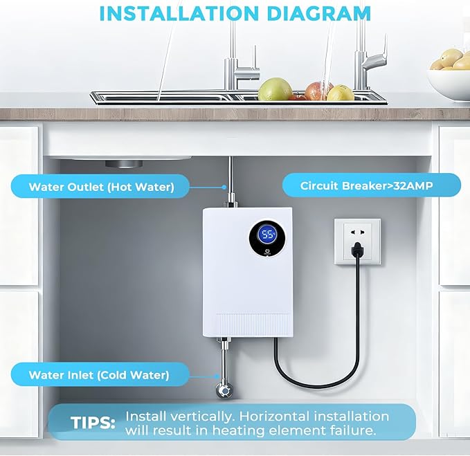 Calentador de agua eléctrico instantáneo sin tanque de 110 V, 3000 W, para debajo del fregadero, con pantalla digital