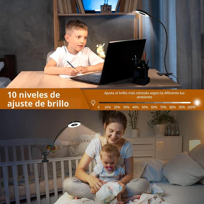 Lámpara de escritorio iZELL, [3 modos de color y 10 niveles de brillo] luz LED de lectura con abrazadera, brazo flexible de silicona para libros de lectura de niños en la cama por la noche
