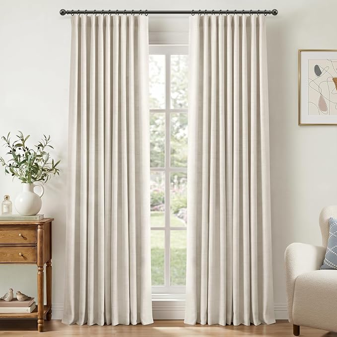 Cortinas opacas 100% Blackout Shield con textura de lino | Beige, con anillas de clip/bolsillo para barra, ideales para dormitorio