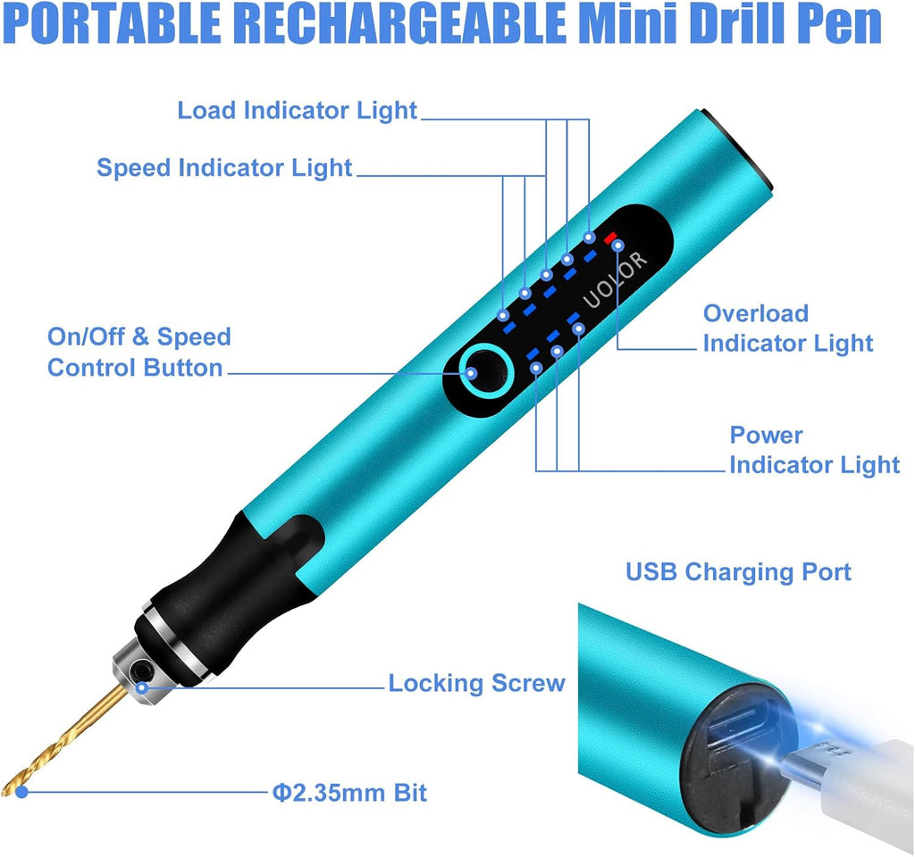 Lápiz de taladro mini inalámbrico de 3 velocidades, taladro de mano eléctrico recargable DIY con 10 brocas pequeñas, juego de taladro micro para hacer joyas, piedras, plástico, resina, llaveros