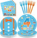 Greencian 96 piezas Artículos para fiesta temática de dibujos animados para maestros Feliz 4º cumpleaños Platos y servilletas Juego de vajilla temática naranja y azul para niños y adolescentes de 4º cumpleaños Decoraciones para fiesta de cumpleaños de