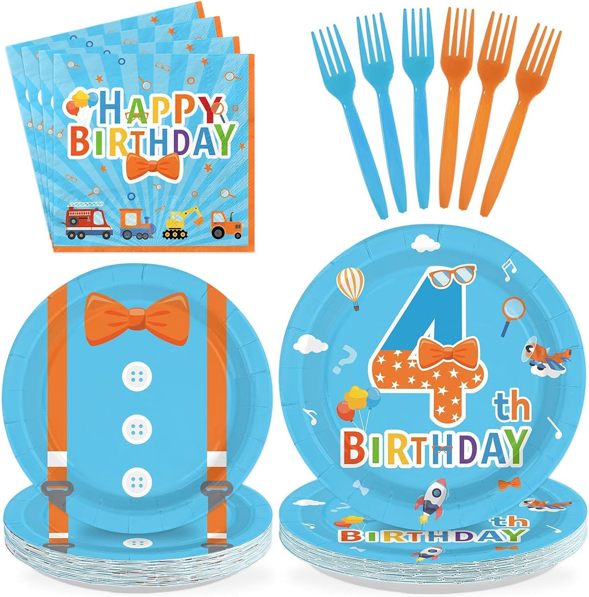 Greencian 96 piezas Artículos para fiesta temática de dibujos animados para maestros Feliz 4º cumpleaños Platos y servilletas Juego de vajilla temática naranja y azul para niños y adolescentes de 4º cumpleaños Decoraciones para fiesta de cumpleaños de