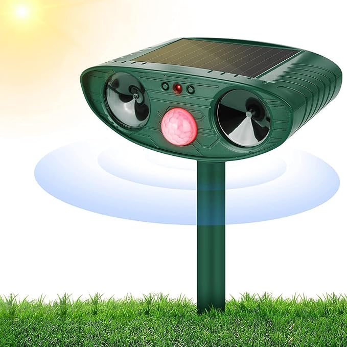 Repelente ultrasónico solar para animales (gatos, perros, ciervos, mapaches, ardillas, conejos, pájaros) con sensor de movimiento. Disuasivo impermeable para jardín y granja