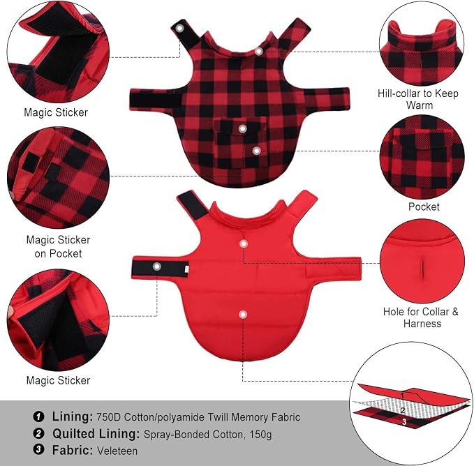 Kuoser Abrigo de Invierno para Perros Talla M – Chaleco Reversible a Cuadros Estilo Británico, Resistente al Viento