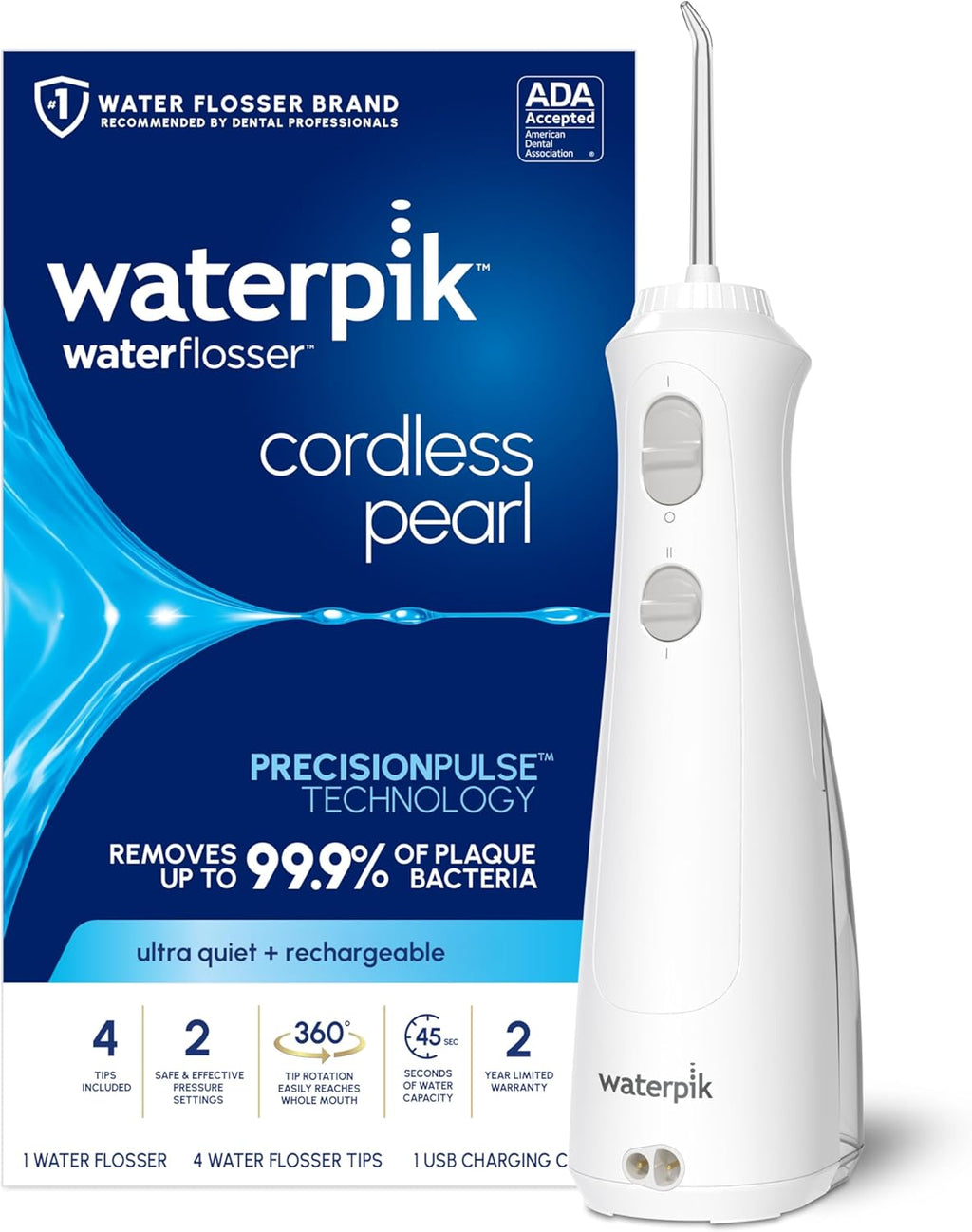 Irrigador bucal portátil recargable Waterpik Cordless Pearl para el cuidado de dientes, encías, ortodoncia y viajes. Extra silencioso, 4 boquillas para hilo dental. Aprobado por la ADA. Modelo WF-13 blanco. Exclusivo de Amazon.