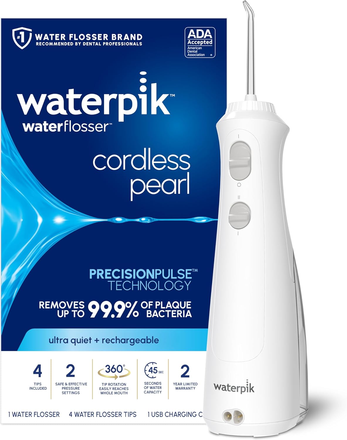 Irrigador bucal portátil recargable Waterpik Cordless Pearl para el cuidado de dientes, encías, ortodoncia y viajes. Extra silencioso, 4 boquillas para hilo dental. Aprobado por la ADA. Modelo WF-13 blanco. Exclusivo de Amazon.