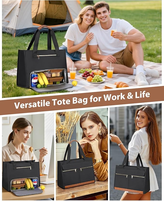 Bolsa de almuerzo para mujer, bolsa de trabajo para laptop de 15.6 pulgadas con compartimento aislado para el almuerzo, bolsa acolchada de gran capacidad para computadora, lonchera a prueba de fugas para mujeres adultas, color negro