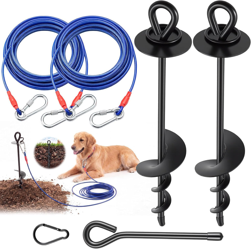 Amylove 2 juegos de cable y estaca para atar perros, 9 metros, resistente a la corrosión - Cable de sujeción resistente para perros, estaca para jardín, gancho giratorio para perros pequeños, medianos y grandes de hasta 95 kg, para jardín, camping y