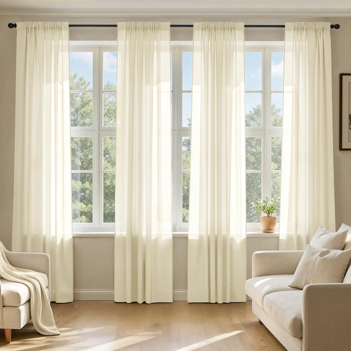 Cortinas Transparentes MIULEE Color Crema | Set de 4 Paneles 42x84", Voile, Filtro de Luz, Bolsillo para Barra