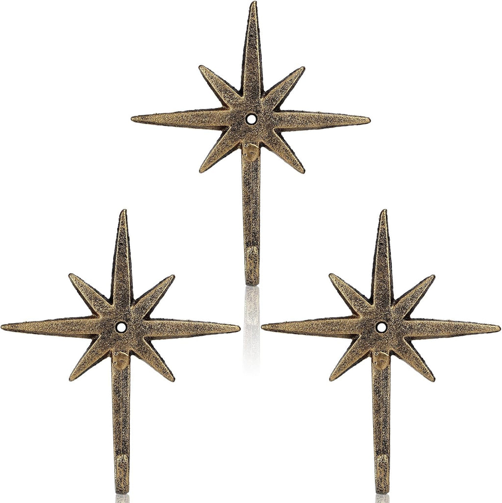 Otoolling 3 piezas de ganchos de pared de hierro fundido con forma de estrella atómica de 8 puntas, ganchos de estrella de mediados de siglo, decoración moderna, fácil instalación, gancho decorativo para toallas, abrigos, delantales, sombreros