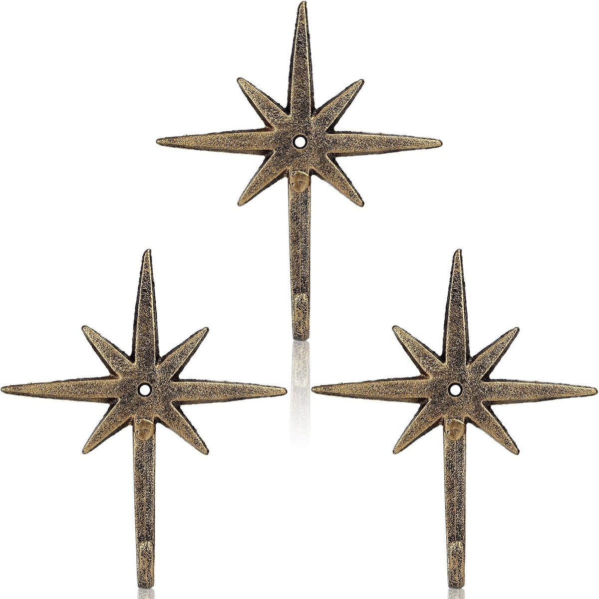 Otoolling 3 piezas de ganchos de pared de hierro fundido con forma de estrella atómica de 8 puntas, ganchos de estrella de mediados de siglo, decoración moderna, fácil instalación, gancho decorativo para toallas, abrigos, delantales, sombreros