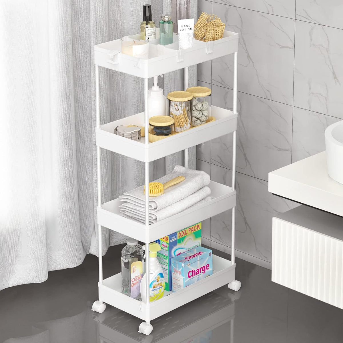 Carrito Rodante SPACELEAD 4 Niveles con Ruedas | 3 Cestas Colgantes | Organizador Manualidades Arte Cocina Oficina | Fácil Montaje | 1 Unidad