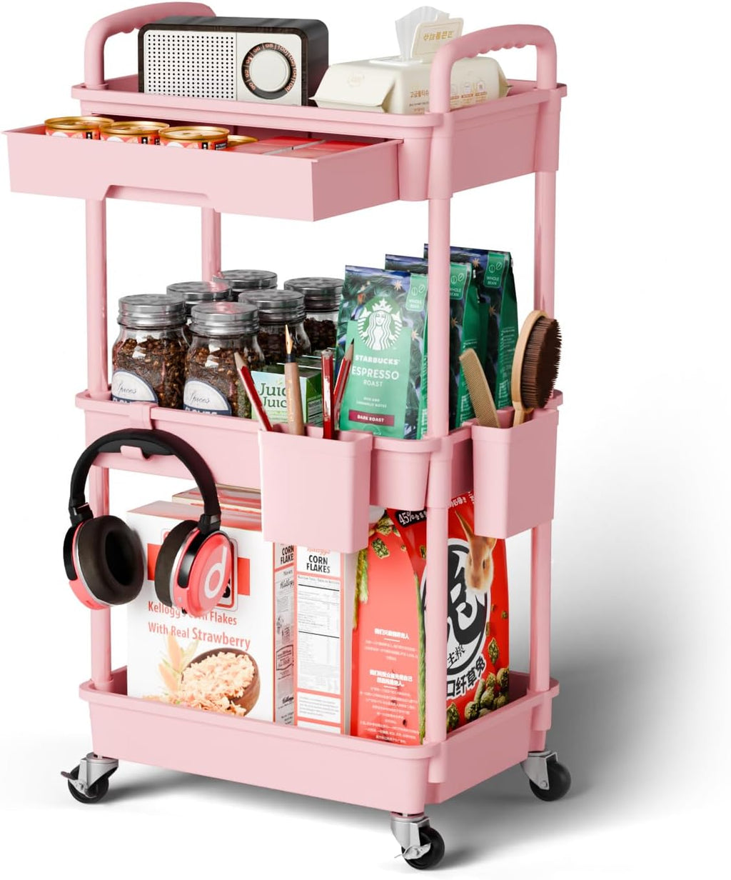 Organizador de carrito rodante de 3 niveles Sorgion, organizadores para cuarto de lavado, baño y oficina, estantería móvil, carrito de cocina con ruedas para arte, manualidades, pañales, mesita de noche y refrigerios (rosa).