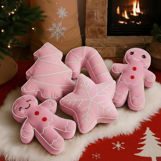Set de 5 Cojines Navideños Rosa Beeveer — Galleta, Árbol, Copo de Nieve, Bastoncillo y Más | Decoración Navidad
