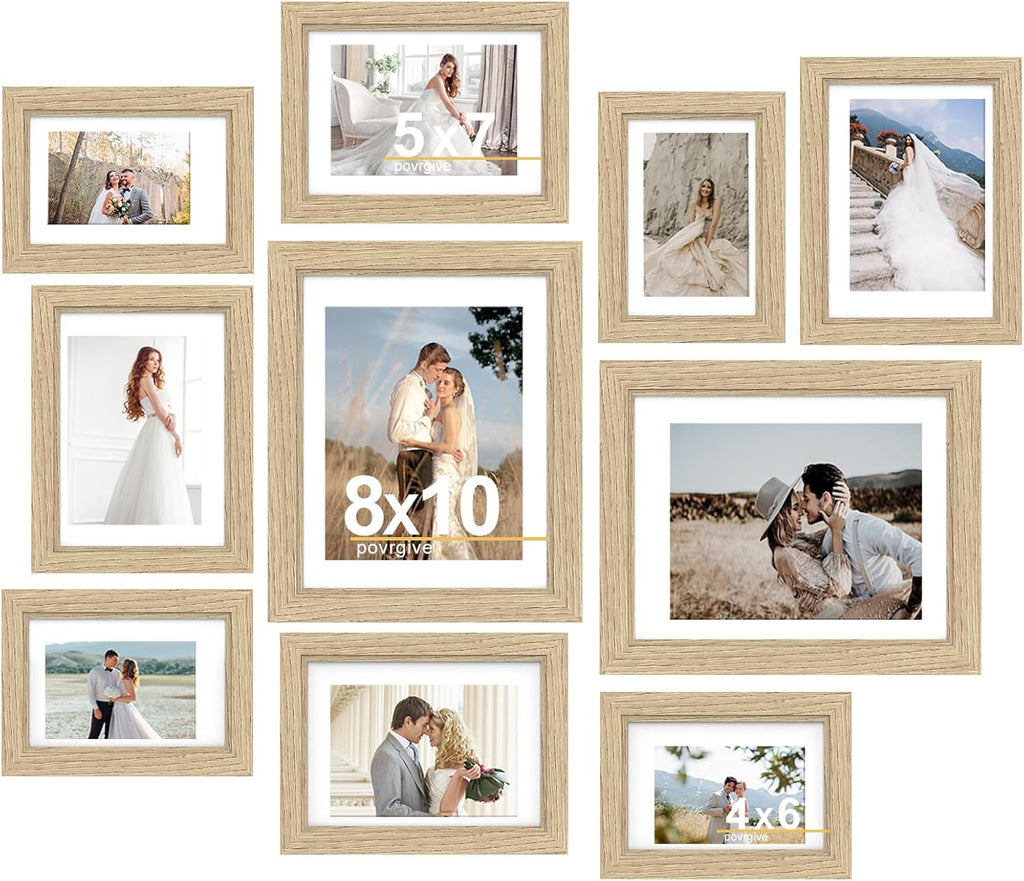 Povrgive Picture Frames Set of 10-8x10, 5x7, 4x6 Photo Frames, Gallery Frame Set for Collage Wall Decor, Wood Frame with Glass Front and Mat Options for Wall and Tabletop Display, Wood