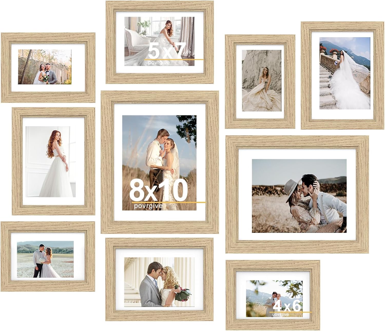 Povrgive Picture Frames Set of 10-8x10, 5x7, 4x6 Photo Frames, Gallery Frame Set for Collage Wall Decor, Wood Frame with Glass Front and Mat Options for Wall and Tabletop Display, Wood