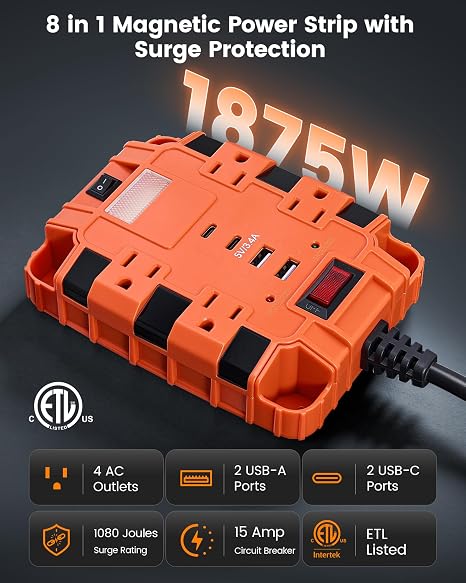 SURAIELEC Regleta Magnética con Protección contra Sobretensiones 1080J – 4 Salidas CA, 2 USB-A y 2 USB-C, Cable 6 Pies | NO INCLUYE ACCESORIO MAGNÉTICO | Certificación ETL