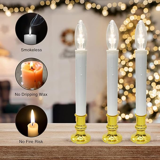Oviejo Paquete de 4 velas eléctricas de Navidad, lámparas de vela de anochecer a amanecer con base dorada, velas de ventana de Navidad con encendido/apagado para el hogar, mesa, bodas
