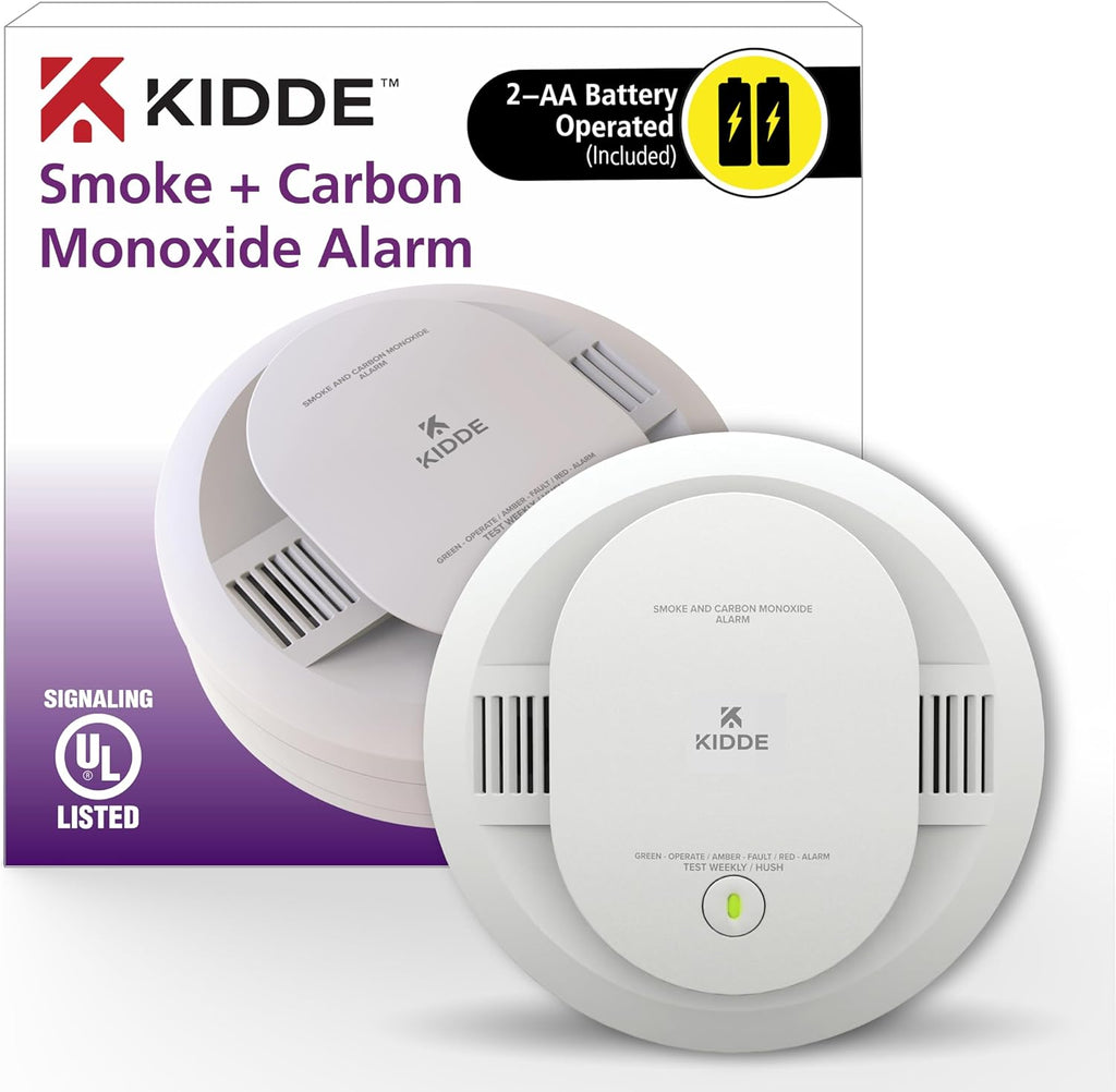 Detector de humo y monóxido de carbono Kidde, funciona con pilas AA, indicadores LED de advertencia, paquete de 1 