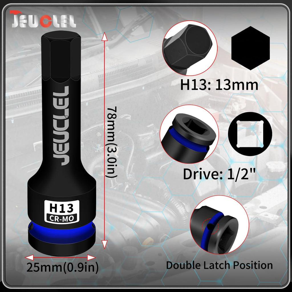 Enchufe de broca de impacto hexagonal de 13 mm, enchufe Allen de impacto de 1/2 pulgada H13, adaptador de destornillador hexagonal de acero Cr-Mo para llaves de trinquete eléctrico para | 3-Inch,