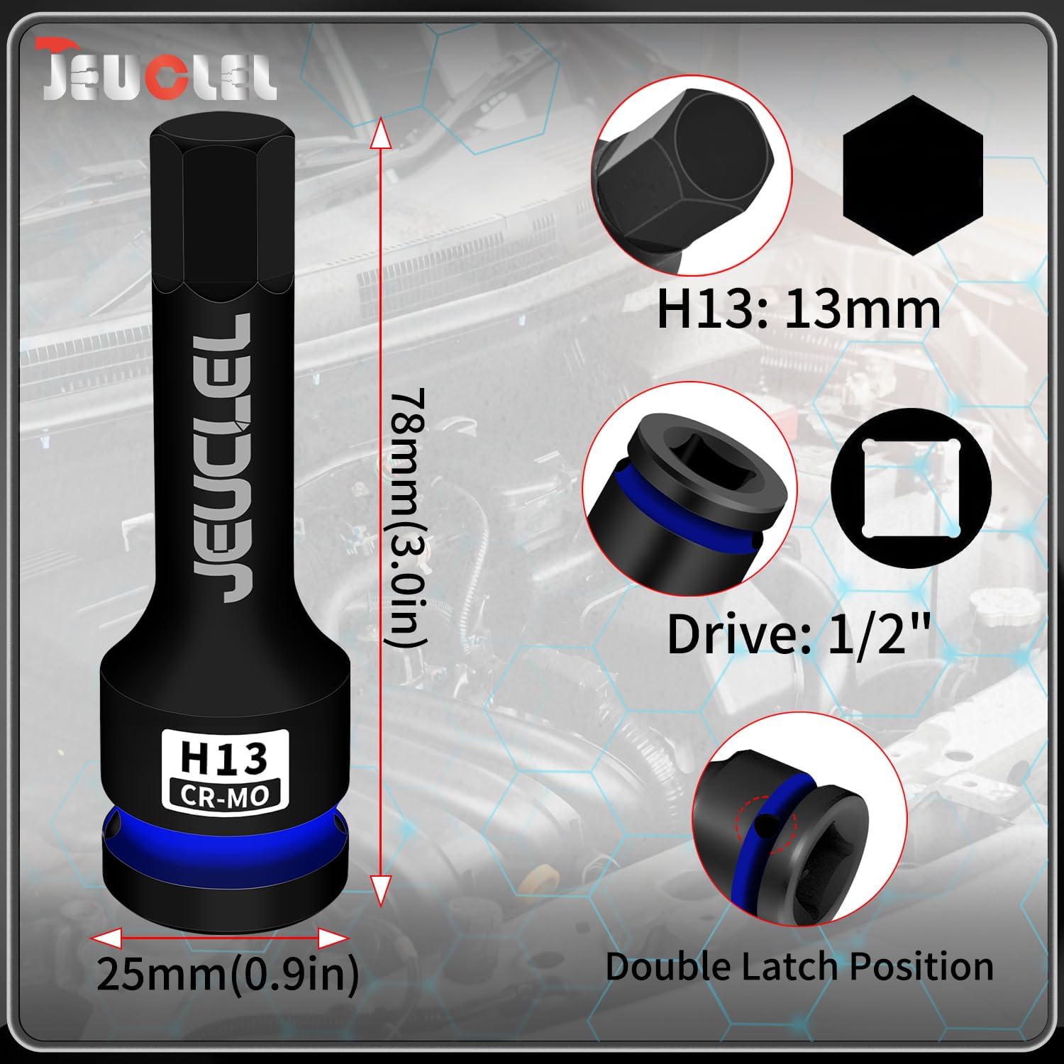 Enchufe de broca de impacto hexagonal de 13 mm, enchufe Allen de impacto de 1/2 pulgada H13, adaptador de destornillador hexagonal de acero Cr-Mo para llaves de trinquete eléctrico para | 3-Inch,