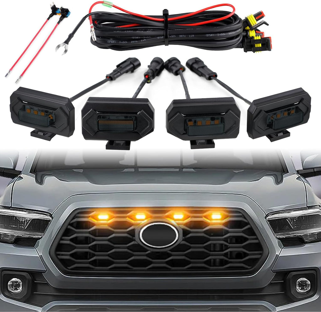 Seven Sparta 4 PCS Grill Led Lights with Fuse Adaptor Compatible with 2020-2023 Toyota Tacoma TRD Off Road & Sport OEM Front Grille, Half-Cover (Amber Light with Black Shell)