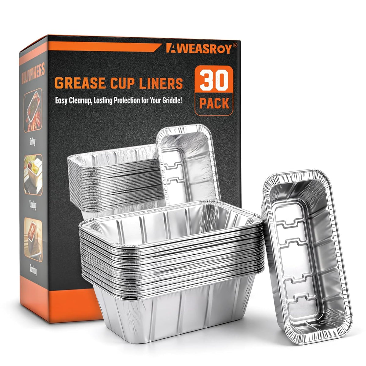 Recipientes recolectores de grasa AWEASROY compatibles con planchas Blackstone - Accesorios para planchas, bandeja desechable para parrilla, bandeja recogegrasa de papel de aluminio para planchas de 17, 22, 28 y 36 pulgadas (paquete de 30)