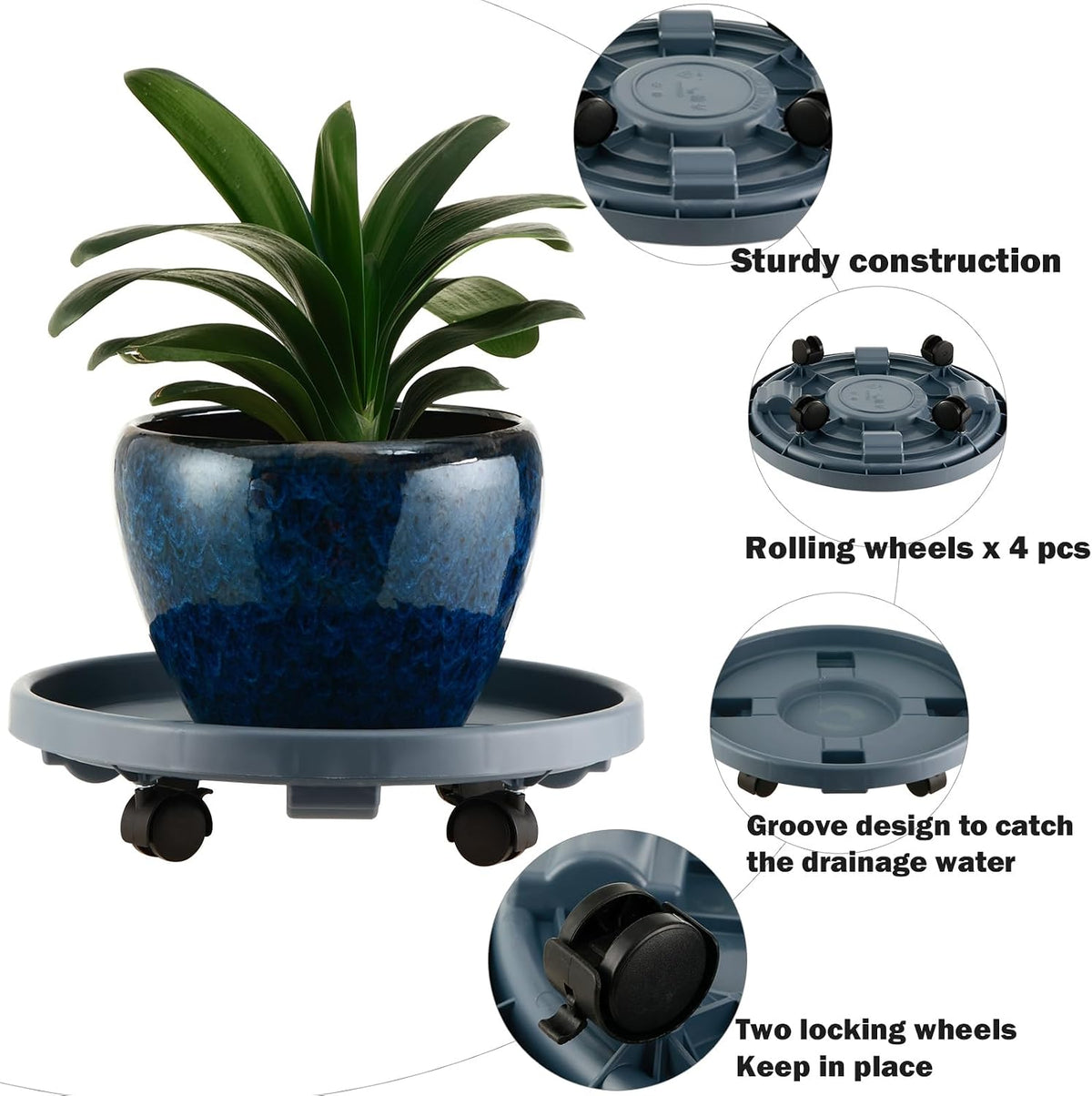 Paquete de 5 soportes grandes para plantas con ruedas de 13 pulgadas, soportes de plástico resistente para macetas de flores, base rodante, para interiores y exteriores, con ruedas de carretilla, gris