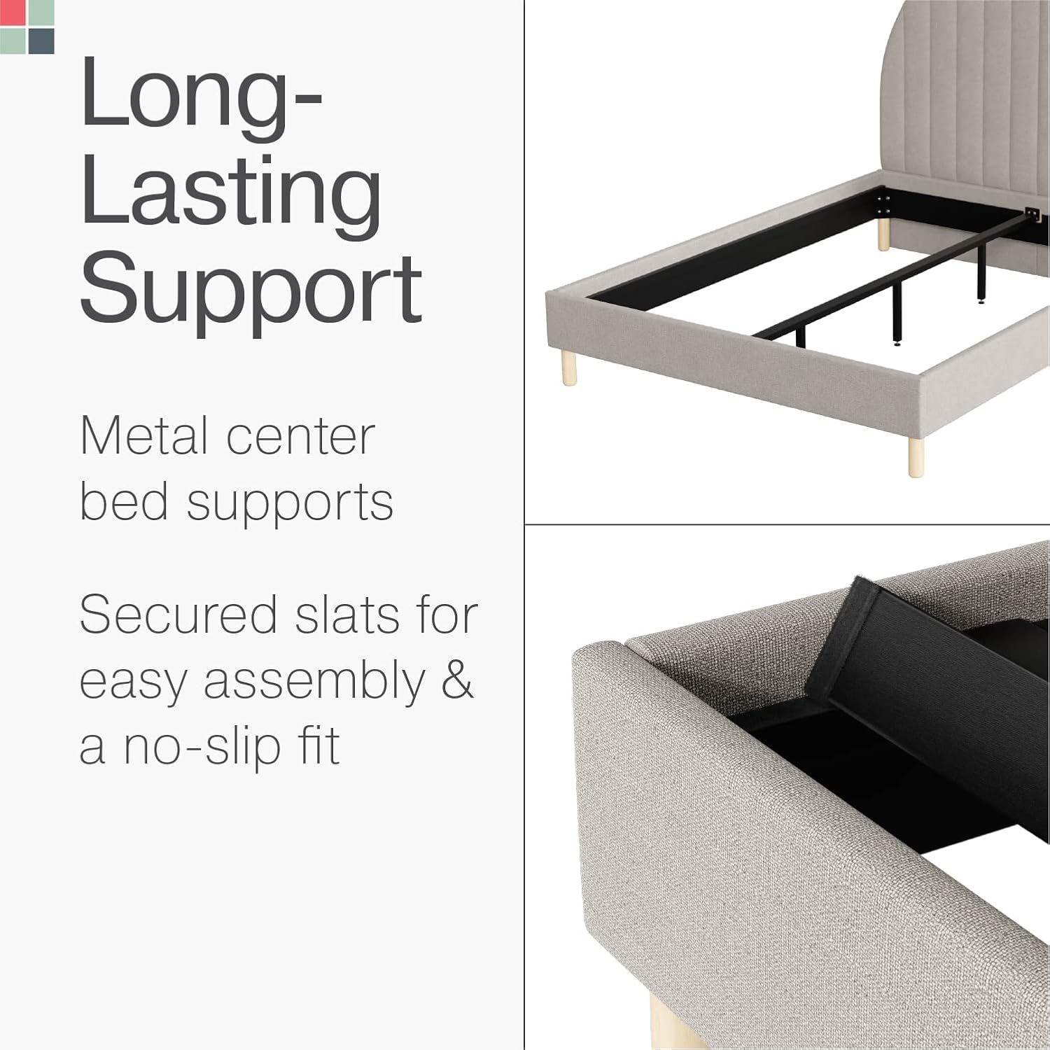 Cabecero Arqueado Stead con Base de Cama – Tamaños King y Queen – Plataforma Tapizada para Dormitorio Moderno y Estilo Mid Century – Gris
