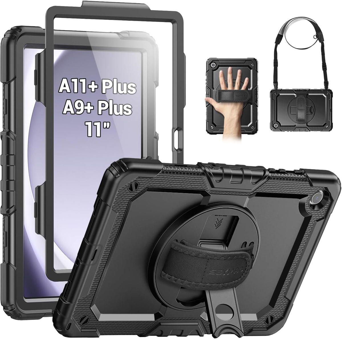Funda SEYMAC para Samsung Galaxy Tab A9+/ A9 Plus de 11" (SM-X210/X216/X218), funda protectora resistente a golpes con protector de pantalla, soporte giratorio y correa de mano/hombro, color negro.