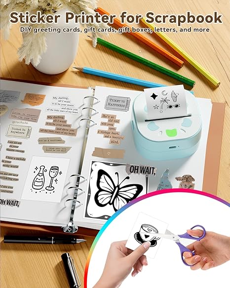Impresora de calcomanías NDYIN, mini impresora PrintPods, fabricante de calcomanías portátil Bluetooth con 3 rollos de papel, impresora térmica sin tinta para iPhone, impresora portátil para notas, diario, bricolaje, regalo para niños