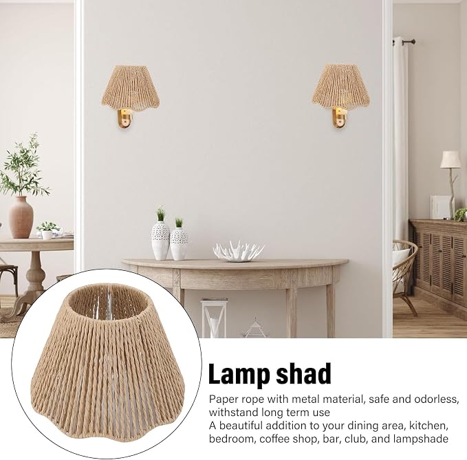 Pack 6 Piezas – Pantalla de Lámpara Tejida de Cuerda de Papel Estilo Ratán Vintage Boho | Compatible E27/E14 | Para Lámpara Techo, Pie, Mesa y Pared